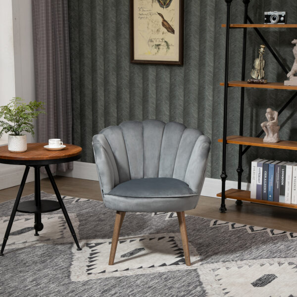 Poltrona in Velluto Imbottita con Schienale a Conchiglia, 66x72x79cm, Grigio