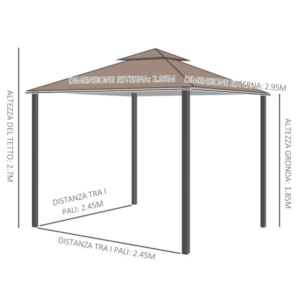 Gazebo da Giardino 3x3m con Zanzariera, Tetto a 2 Livelli in Poliestere Struttura in Metallo Marrone