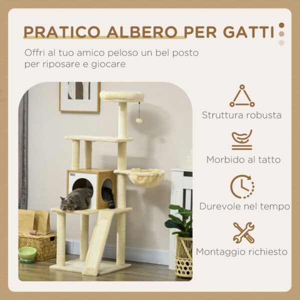 Albero Casetta per Gatti con Tiragraffi, Posatoio e Paletto, 48.5x48.5x141.5 cm, Beige