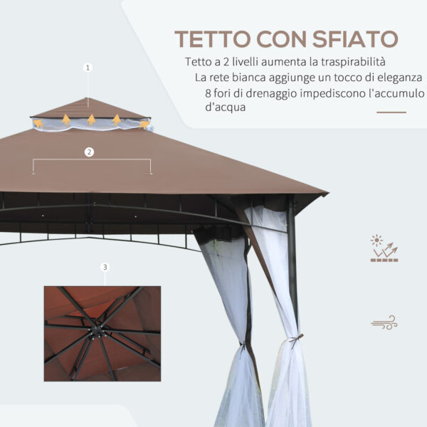 Gazebo da Giardino 3x3m con Zanzariera, Tetto a 2 Livelli in Poliestere Struttura in Metallo Marrone