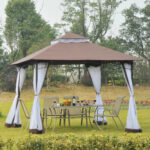 Gazebo da Giardino 3x3m con Zanzariera, Tetto a 2 Livelli in Poliestere Struttura in Metallo Marrone