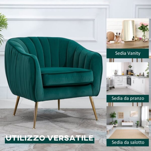 Poltrona in Velluto Verde con Gambe in Metallo Dorato