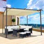 Gazebo Pergola da Giardino Parasole Retraibile Cornice Nera Tendale Beige, 350 x 350 x 230cm