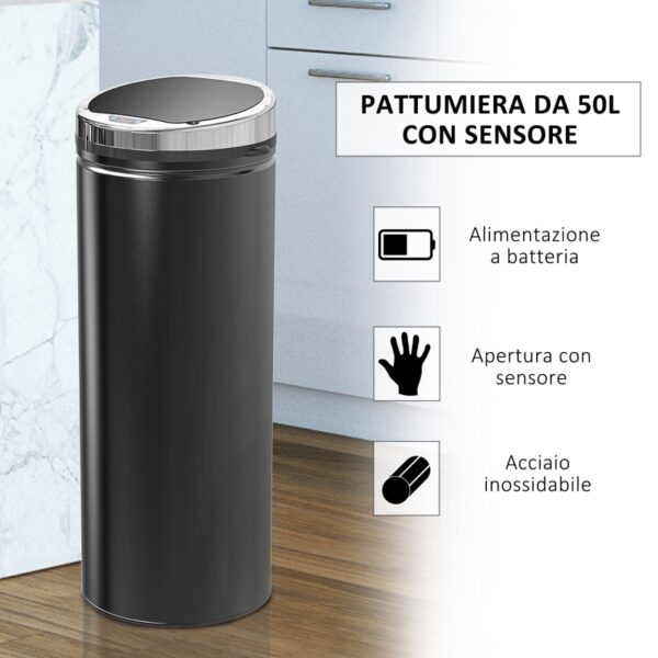 Pattumiera Automatica con Sensore a Infrarossi e Capacità 50L, Acciaio Inox e Plastica, Nero, 30.5x30.5x81.5cm