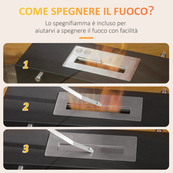 Camino Bioetanolo in Metallo e Vetro, 3h di Combustione con Serbatoio 1.5L e Copertura 25m², 60x26x50 cm, Nero