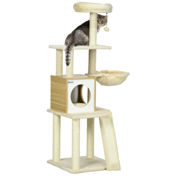 Albero Casetta per Gatti con Tiragraffi, Posatoio e Paletto, 48.5x48.5x141.5 cm, Beige