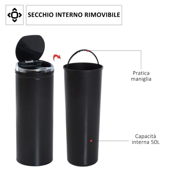 Pattumiera Automatica con Sensore a Infrarossi e Capacità 50L, Acciaio Inox e Plastica, Nero, 30.5x30.5x81.5cm