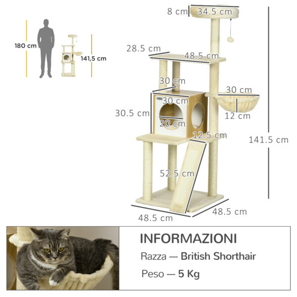 Albero Casetta per Gatti con Tiragraffi, Posatoio e Paletto, 48.5x48.5x141.5 cm, Beige