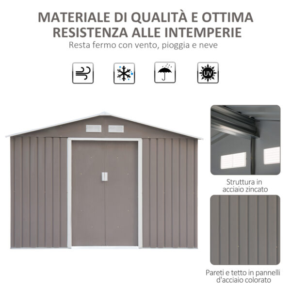 Casetta da Giardino Porta Utensili in Lamiera di Acciaio, Capanno da Giardino in Acciaio con Porte Scorrevoli, 277x195x192cm, Grigio