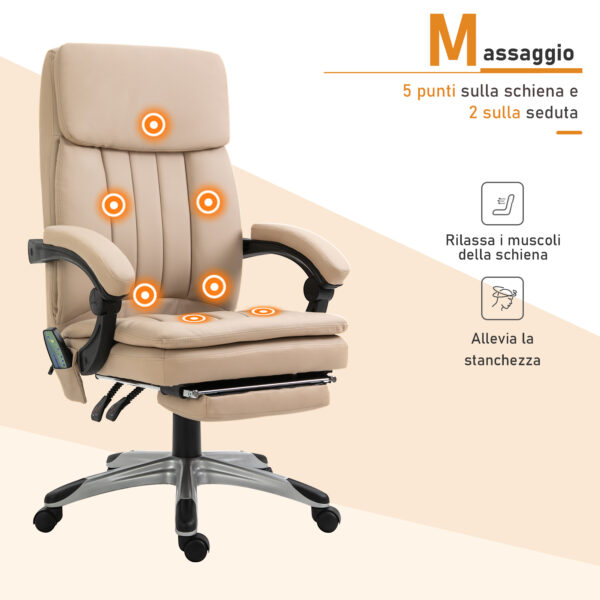 Poltrona Massaggiante da Ufficio, Altezza Regolabile e Reclinabile in Similpelle, 67x69x106.5-114.5cm Beige