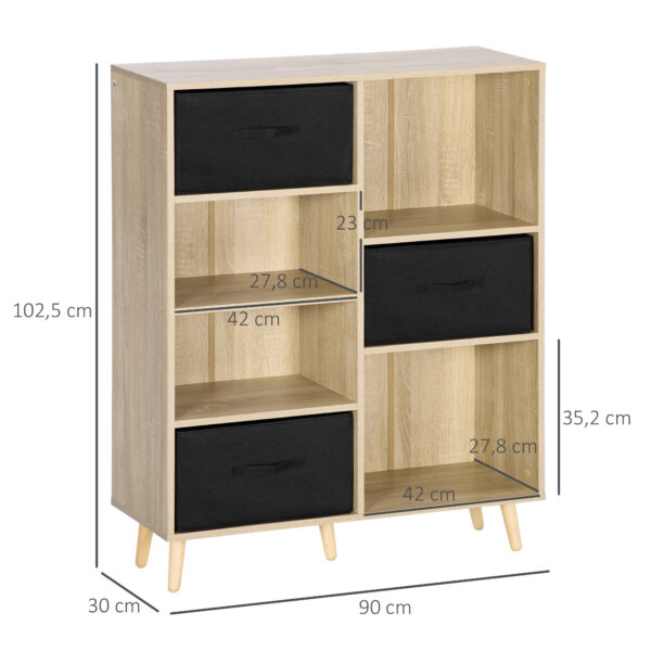 Libreria Scaffale a 7 Vani con 3 Cassetti Rimovibili e Pieghevoli, 90x30x102.5cm, Legno