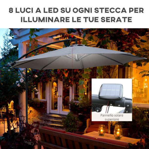 Ombrellone a Braccio con Manovella e 8 Strisce LED a Energia Solare