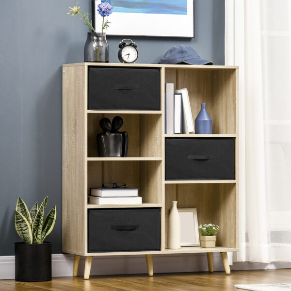 Libreria Scaffale a 7 Vani con 3 Cassetti Rimovibili e Pieghevoli, 90x30x102.5cm, Legno