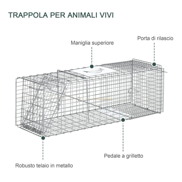 Gabbia Trappola per Animali Vivi Pieghevole in Acciaio, 93x31x34.5cm, Argento