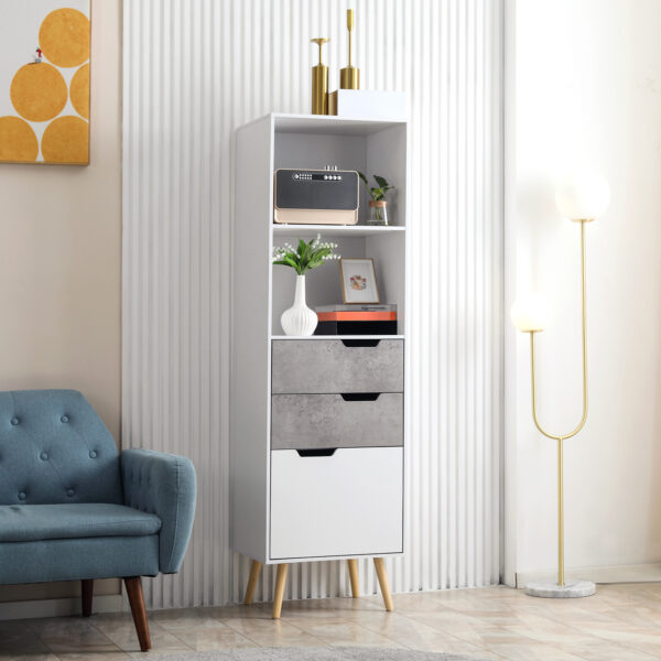 Mobile da Salotto con 3 Cassetti e 2 Ripiani Aperti, Credenza Moderna in Truciolato e Legno di Pino, 50x39x169.5 cm, Grigio e Bianco