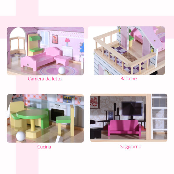 Casa delle Bambole a 4 Piani in Legno con Accessori, Colore Rosa, 60x30x80cm