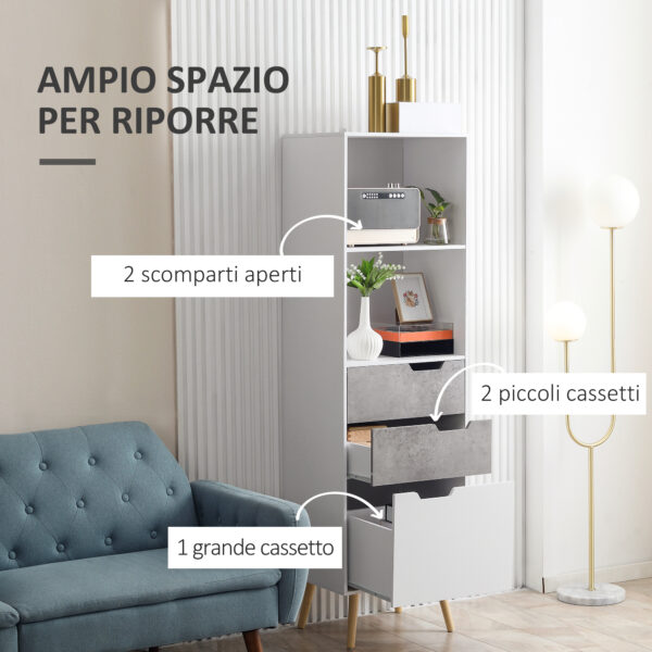 Mobile da Salotto con 3 Cassetti e 2 Ripiani Aperti, Credenza Moderna in Truciolato e Legno di Pino, 50x39x169.5 cm, Grigio e Bianco