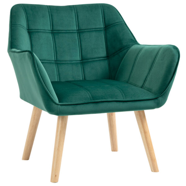 Poltroncina Stile Nordico in Legno ed Effetto Velluto Verde per Soggiorno o Ufficio, 64x62x72.5 cm