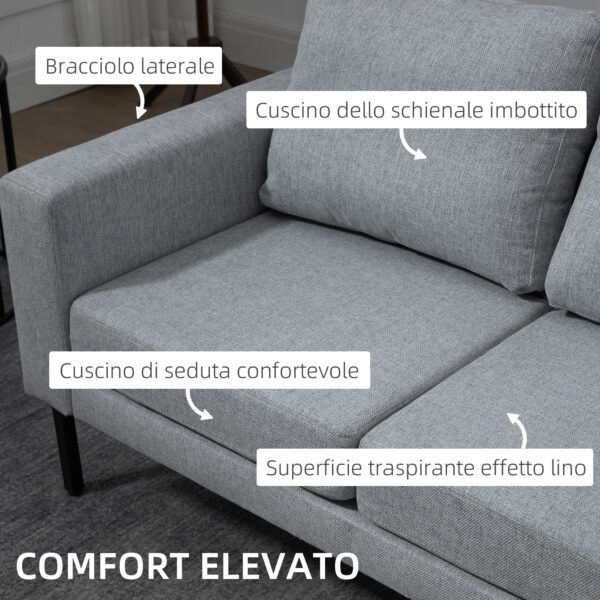 Divano 2 Posti in Tessuto Effetto Lino con Gambe in Acciaio e Cuscini Imbottiti, 138x70x83.5 cm, Grigio