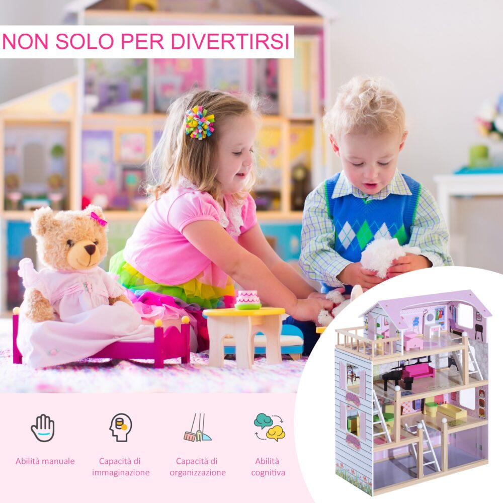 Casa delle Bambole per Bambini a 4 Piani in Legno con Accessori Rosa  60x30x80 cm – acquista su Giordano Shop