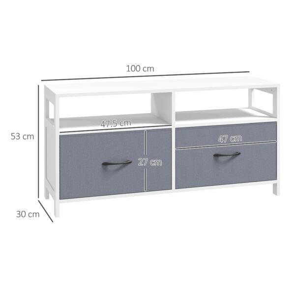 Mobile TV 45" max in MDF e Tessuto non Tessuto con 2 Cassetti e 2 Ripiani, 100x30x53 cm, Bianco e Grigio