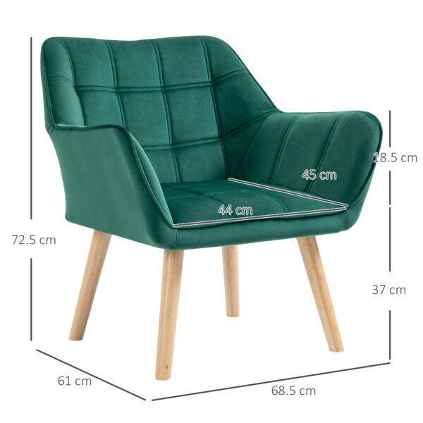 Poltroncina Stile Nordico in Legno ed Effetto Velluto Verde per Soggiorno o Ufficio, 64x62x72.5 cm