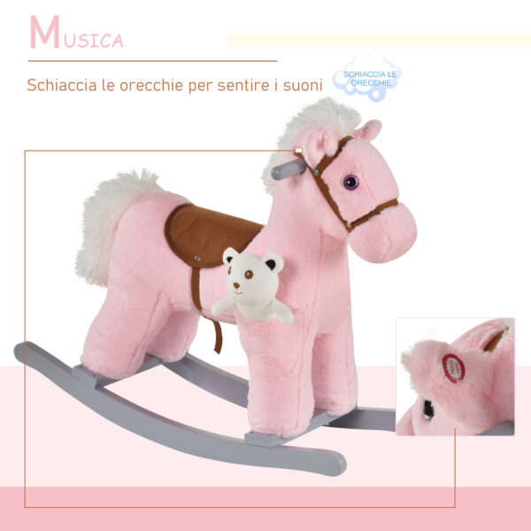 Cavallo a Dondolo in Peluche e Legno con Suoni e Orsetto per Bimbi da 18-36 Mesi, Rosa