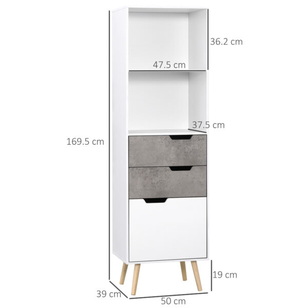 Mobile da Salotto con 3 Cassetti e 2 Ripiani Aperti, Credenza Moderna in Truciolato e Legno di Pino, 50x39x169.5 cm, Grigio e Bianco