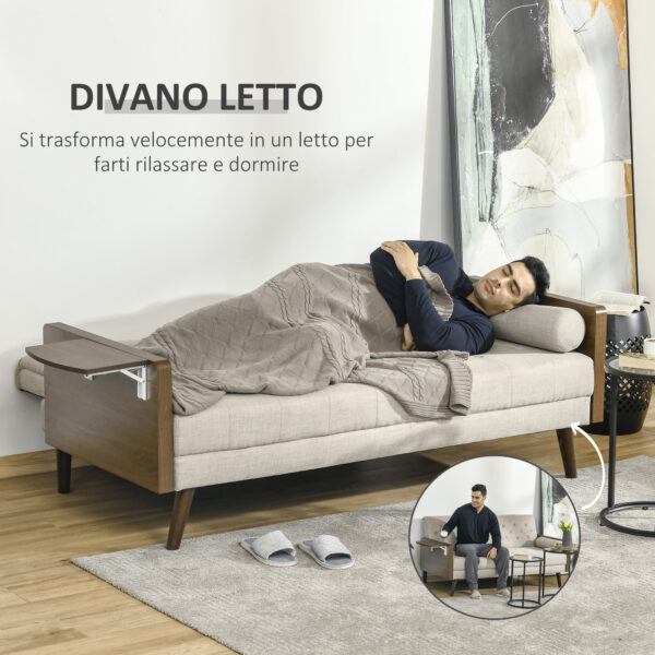 Divano Letto Singolo con Mensole Laterali, Seduta 3 Posti e Schienale 3 Reclinazioni, 200x88x89cm - Beige