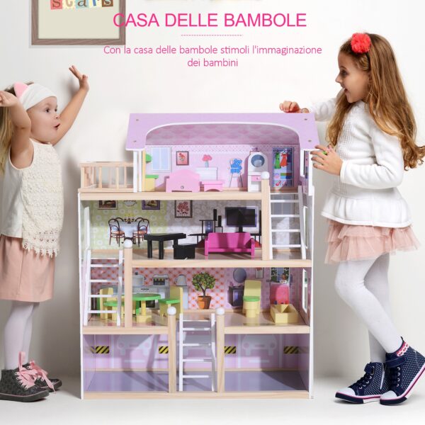 Casa delle Bambole a 4 Piani in Legno con Accessori, Colore Rosa, 60x30x80cm