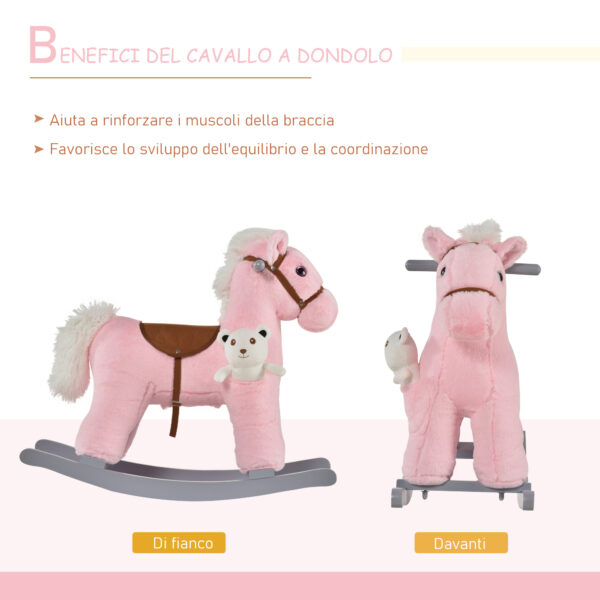 Cavallo a Dondolo in Peluche e Legno con Suoni e Orsetto per Bimbi da 18-36 Mesi, Rosa