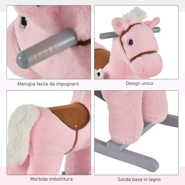 Cavallo a Dondolo in Peluche e Legno con Suoni e Orsetto per Bimbi da 18-36 Mesi, Rosa