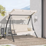 Dondolo da Giardino 3 Posti con Tetto Reclinabile, Convertibile in Letto, 209x114x170cm, Beige