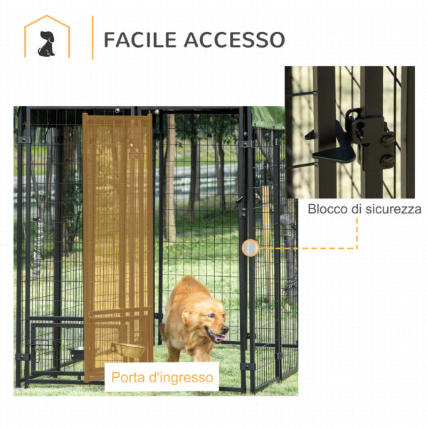 Kennel per Cani in Acciaio per Interni ed Esterni con Tettuccio in Tessuto Oxford e 2 Ciotole, 244x122x183 cm