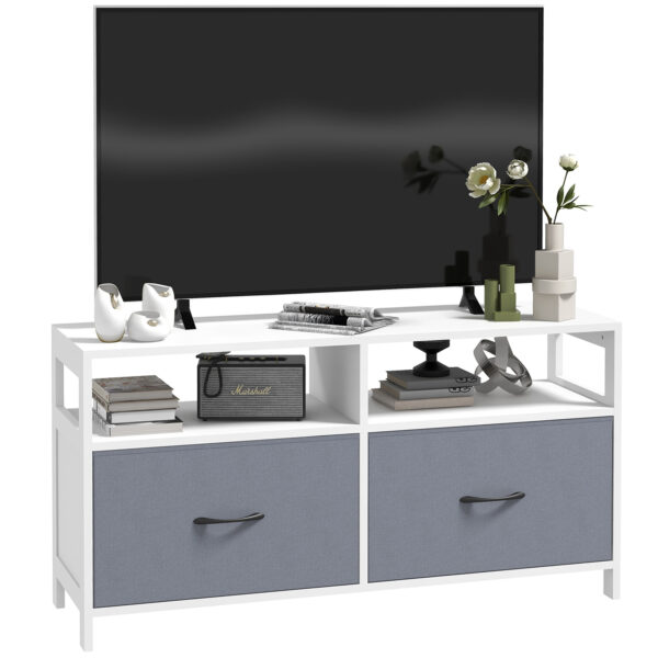 Mobile TV 45" max in MDF e Tessuto non Tessuto con 2 Cassetti e 2 Ripiani, 100x30x53 cm, Bianco e Grigio