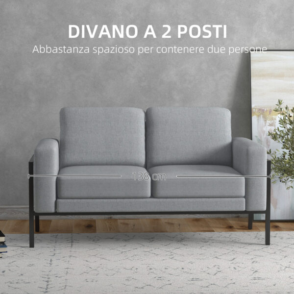 Divano 2 Posti in Tessuto Effetto Lino con Gambe in Acciaio e Cuscini Imbottiti, 138x70x83.5 cm, Grigio