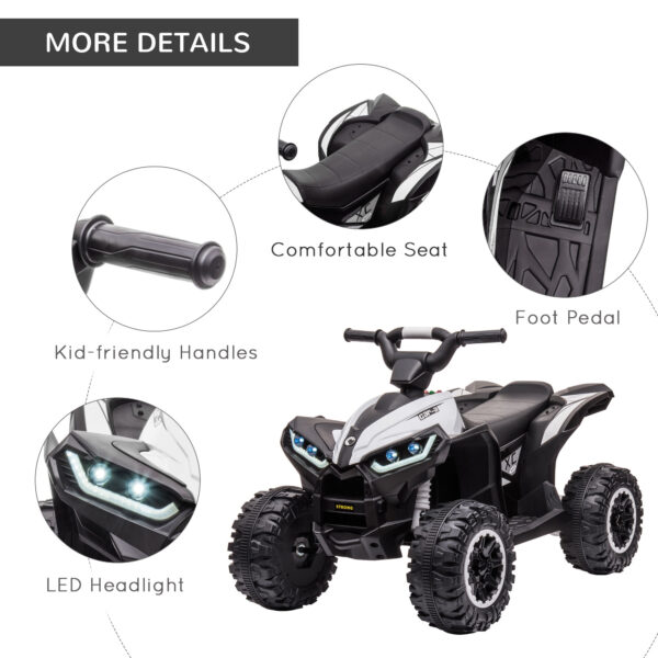 Quad per Bambini 3-5 Anni Elettrico 12V, 2 Velocità, Ruote Larghe con Sospensioni e Fari LED, Bianco