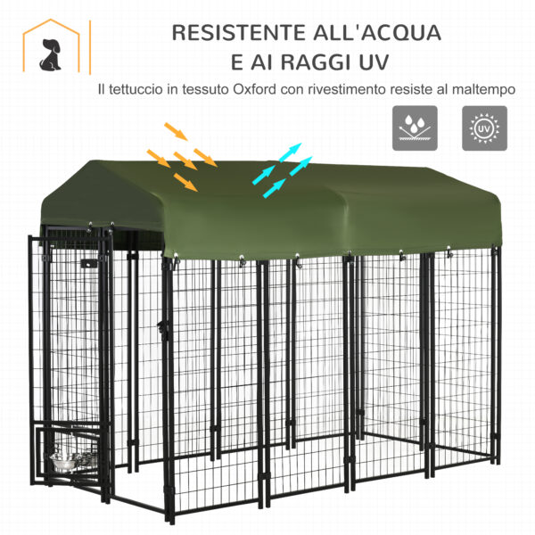 Kennel per Cani in Acciaio per Interni ed Esterni con Tettuccio in Tessuto Oxford e 2 Ciotole, 244x122x183 cm