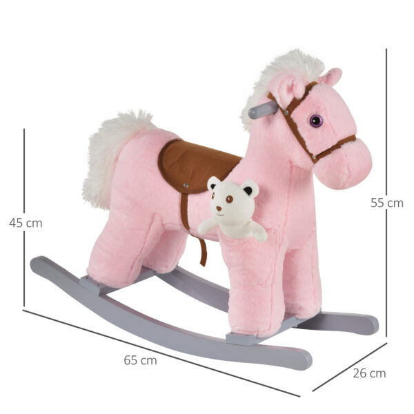 Cavallo a Dondolo in Peluche e Legno con Suoni e Orsetto per Bimbi da 18-36 Mesi, Rosa