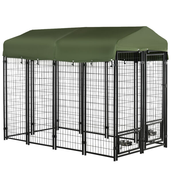 Kennel per Cani in Acciaio per Interni ed Esterni con Tettuccio in Tessuto Oxford e 2 Ciotole, 244x122x183 cm