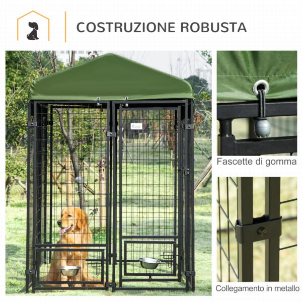 Kennel per Cani in Acciaio per Interni ed Esterni con Tettuccio in Tessuto Oxford e 2 Ciotole, 244x122x183 cm