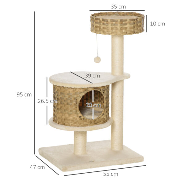 Albero Tiragraffi per Gatti Adulti e Gattini da 95cm Cuccia e Casetta per Gatti in Rattan e Pali in Sisal