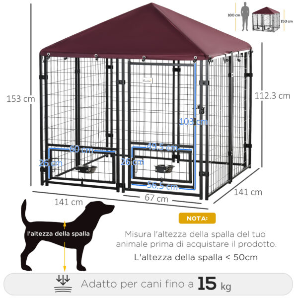 Recinto per Cani da Esterno con Serratura, 2 Ciotole Girevoli e Copertura Rimovibile, Nero e Rosso