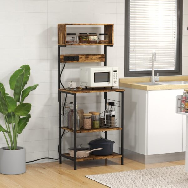 Scaffale Cucina con Multipresa, Ripiani e Ganci Stile Industriale, 60x42x153cm, Marrone