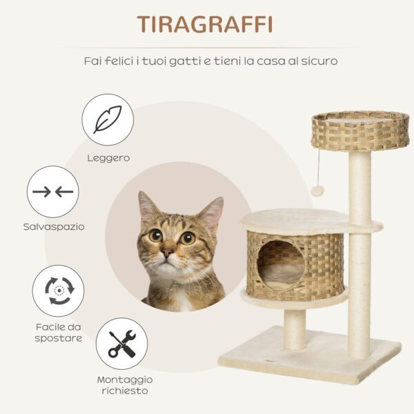 Albero Tiragraffi per Gatti Adulti e Gattini da 95cm Cuccia e Casetta per Gatti in Rattan e Pali in Sisal