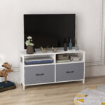 Mobile TV 45" max in MDF e Tessuto non Tessuto con 2 Cassetti e 2 Ripiani, 100x30x53 cm, Bianco e Grigio