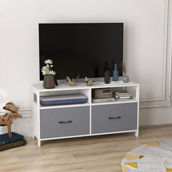 Mobile TV 45" max in MDF e Tessuto non Tessuto con 2 Cassetti e 2 Ripiani, 100x30x53 cm, Bianco e Grigio