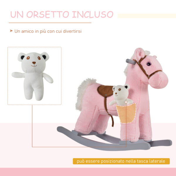 Cavallo a Dondolo in Peluche e Legno con Suoni e Orsetto per Bimbi da 18-36 Mesi, Rosa