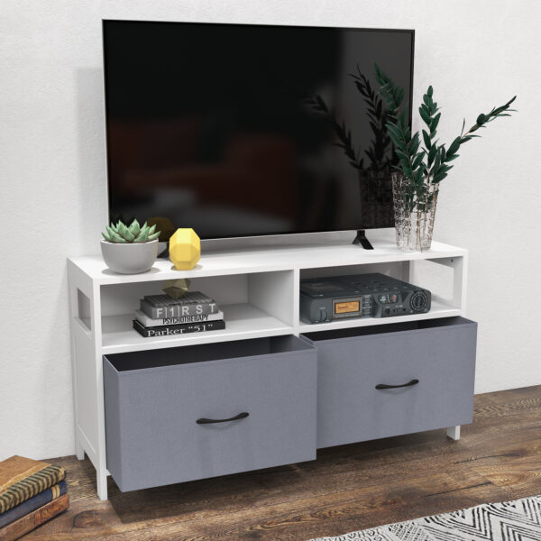 Mobile TV 45" max in MDF e Tessuto non Tessuto con 2 Cassetti e 2 Ripiani, 100x30x53 cm, Bianco e Grigio