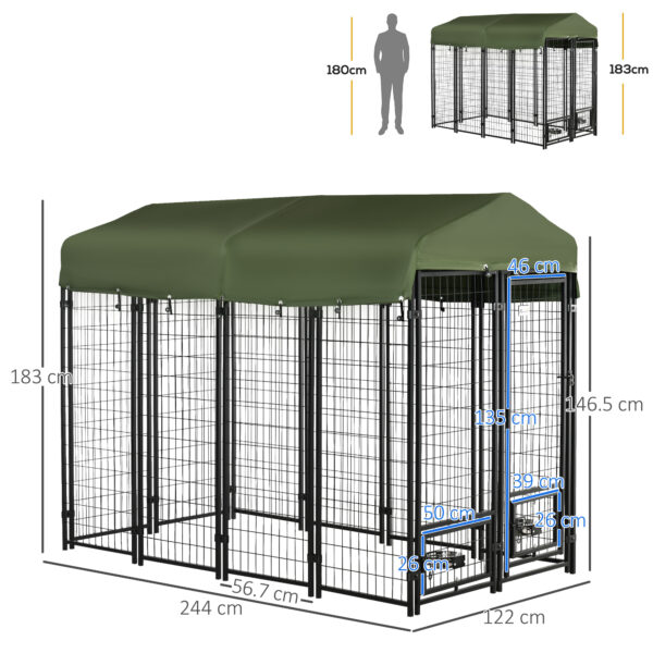 Kennel per Cani in Acciaio per Interni ed Esterni con Tettuccio in Tessuto Oxford e 2 Ciotole, 244x122x183 cm